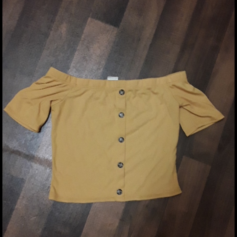 Mustard yellow off-the-shoulder shirt
